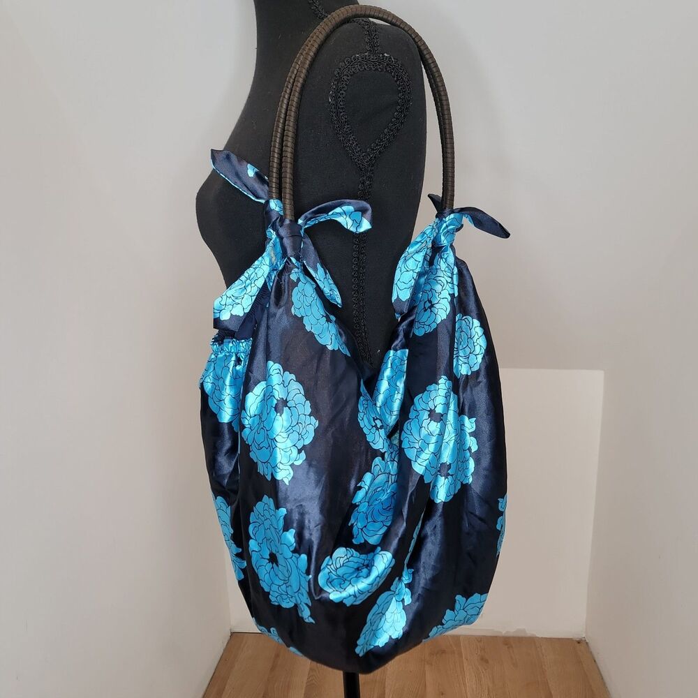 Old Navy Blue Floral Satin Hobo Bag Large Shoulder Tote Tie Detail Spring 2009